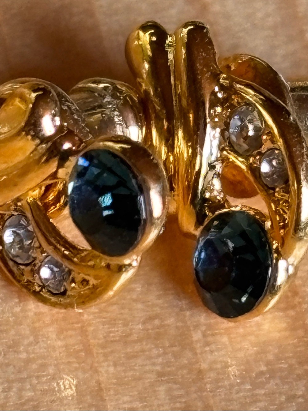 Gold Tone Women’s Earrings with Dark Blue Stones - pierced